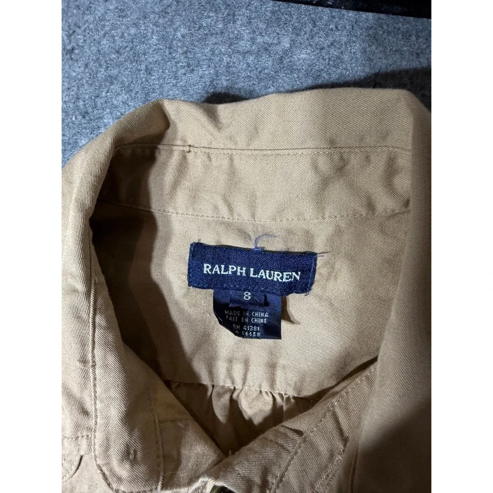 Ralph Lauren Kids Tan Cotton Roll Tab Sleeve Button Front Shirt Dress Size 8